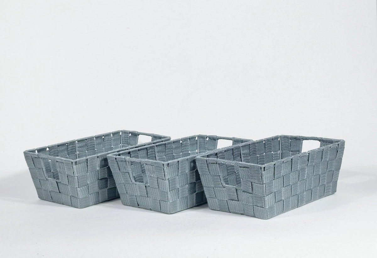 Kevahome Opbergmanden Set van 3 - Gevlochten PP Riempjes - Draagtas Model - Donkerblauw - 30,5 x 16,5 x 11,5 cm