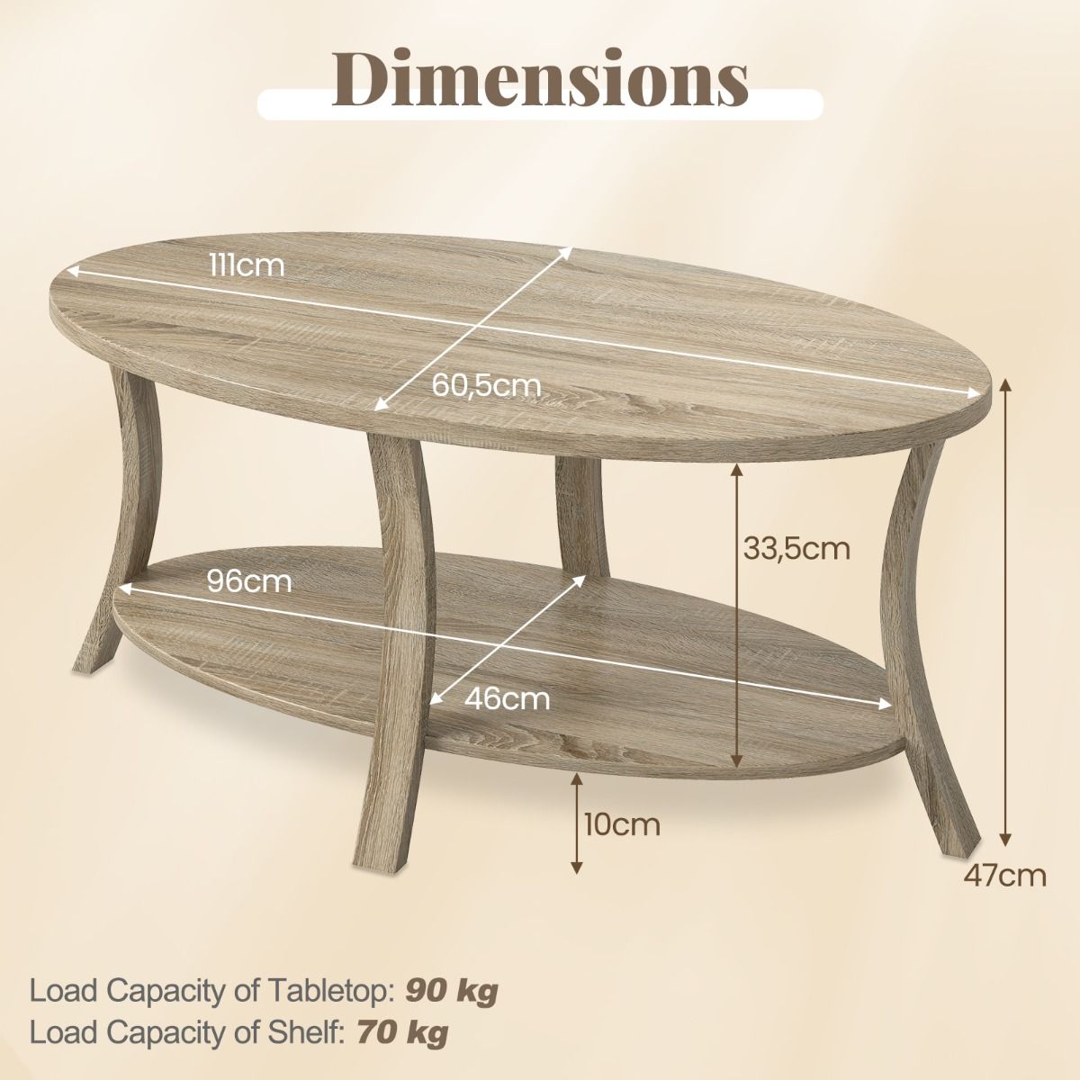 Coast Ovale Salontafel - 2-laags met opbergruimte - rubberhout en eikenlook - grijs - 111 x 60,5 x 47 cm