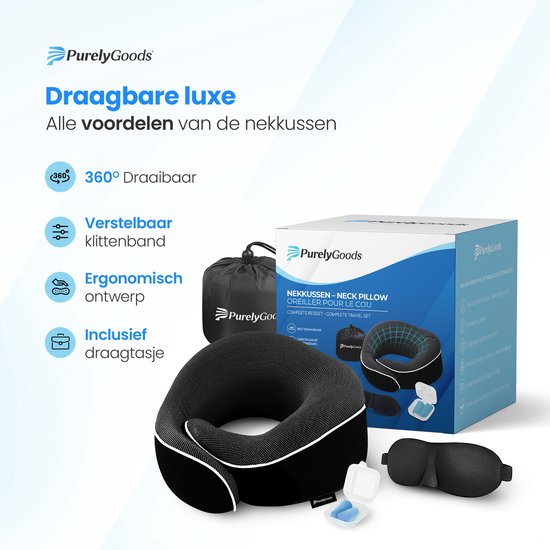 PurelyGoods® Nekkussen - Luxe Reiskussen Set - Traagschuim - Memory Foam - Vliegtuig & Auto - Zwart - Incl. Slaapmasker en Oordopjes