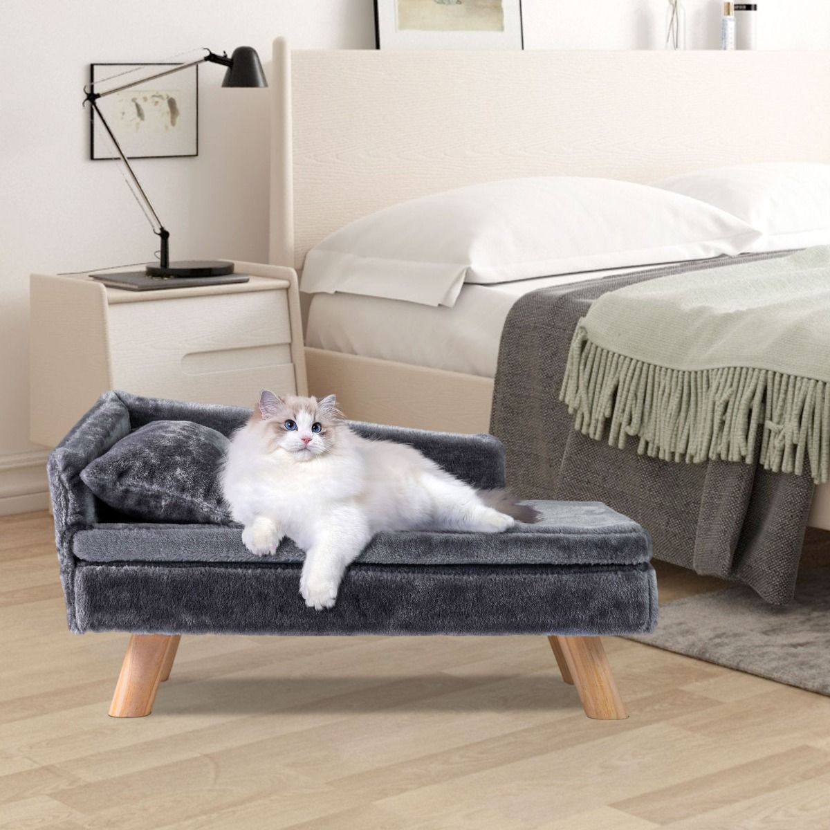 Coast Verhoogd Huisdierenbed - Hondenbank met afneembaar kussen en hoofdkussen - Grijs - 71 x 43 x 40 cm