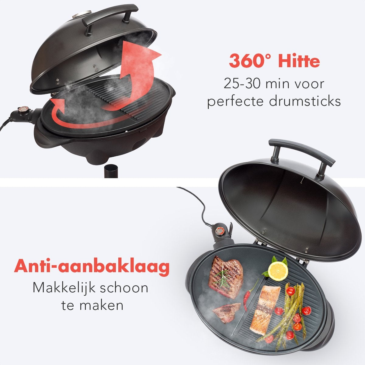 KitchenBrothers Elektrische BBQ - met Grillplaat - Anti-aanbaklaag - Incl. Plank/Houders - Grilloppervlak 46,5x33,8cm - tot 300°C - 2400W - Zwart
