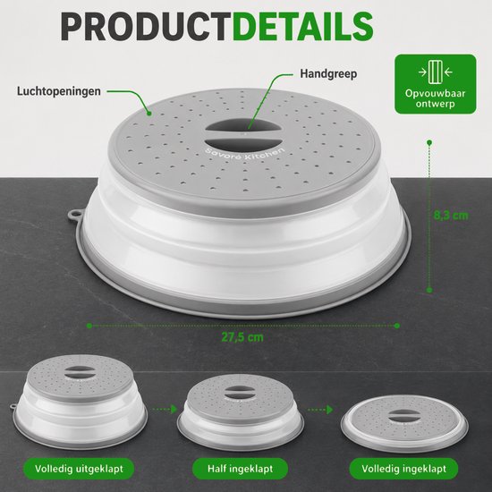 Savoré Kitchen Magnetron Deksel 27 cm - Inklapbaar - met Stoomopeningen - BPA-Vrij - Transparant & Grijs