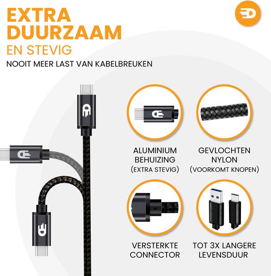 Drivv. USB naar USB C Kabel - Snellader - USB C Data en Oplaadkabel - 3 meter - Geschikt voor Samsung, iPhone 15 & Meer - Zwart