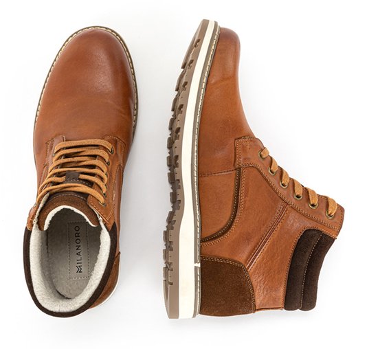 Milanoro - Elegante lederen herensneakers - Cognac - Maat 45
