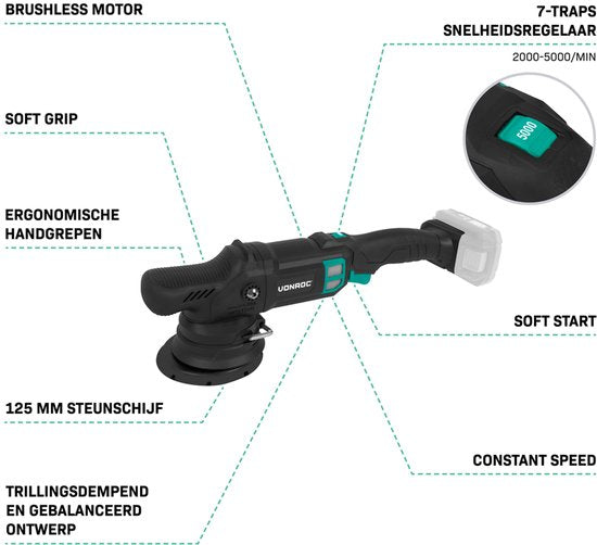 VONROC PRO Excentrische Polijstmachine 20V - Ø 125mm - Brushless motor – 7 snelheden (2000-5000/min) - Soft Start - Incl. Steunschijf - Excl. Accu en snellader