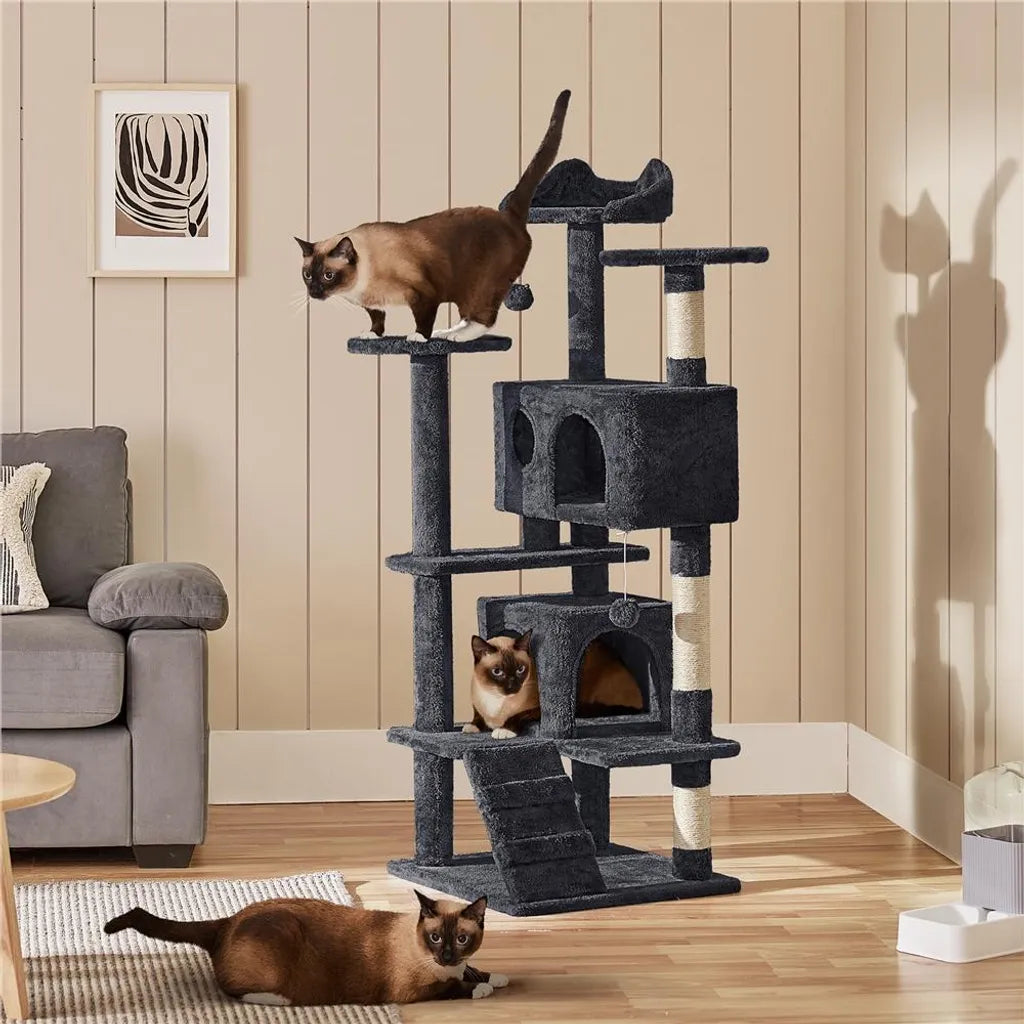 Yaheetech Kattenkrabpaal- 139 cm Hoog - 3 Uitkijkplatformen - 2 Knusse Kattenverblijven - Zwart