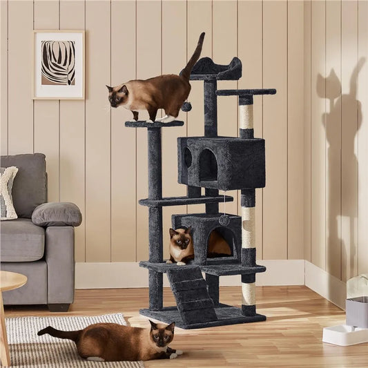 Yaheetech Kattenkrabpaal- 139 cm Hoog - 3 Uitkijkplatformen - 2 Knusse Kattenverblijven - Zwart