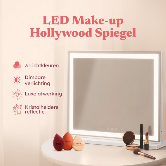 Fraay® Hollywood Spiegel met Verlichting 60x50cm - 3 Lichtstanden - Make Up Spiegel met 10x Vergrootspiegel - LED Strip Verlichting Dimbaar - Incl. 2 Beauty Blenders en Powder puff