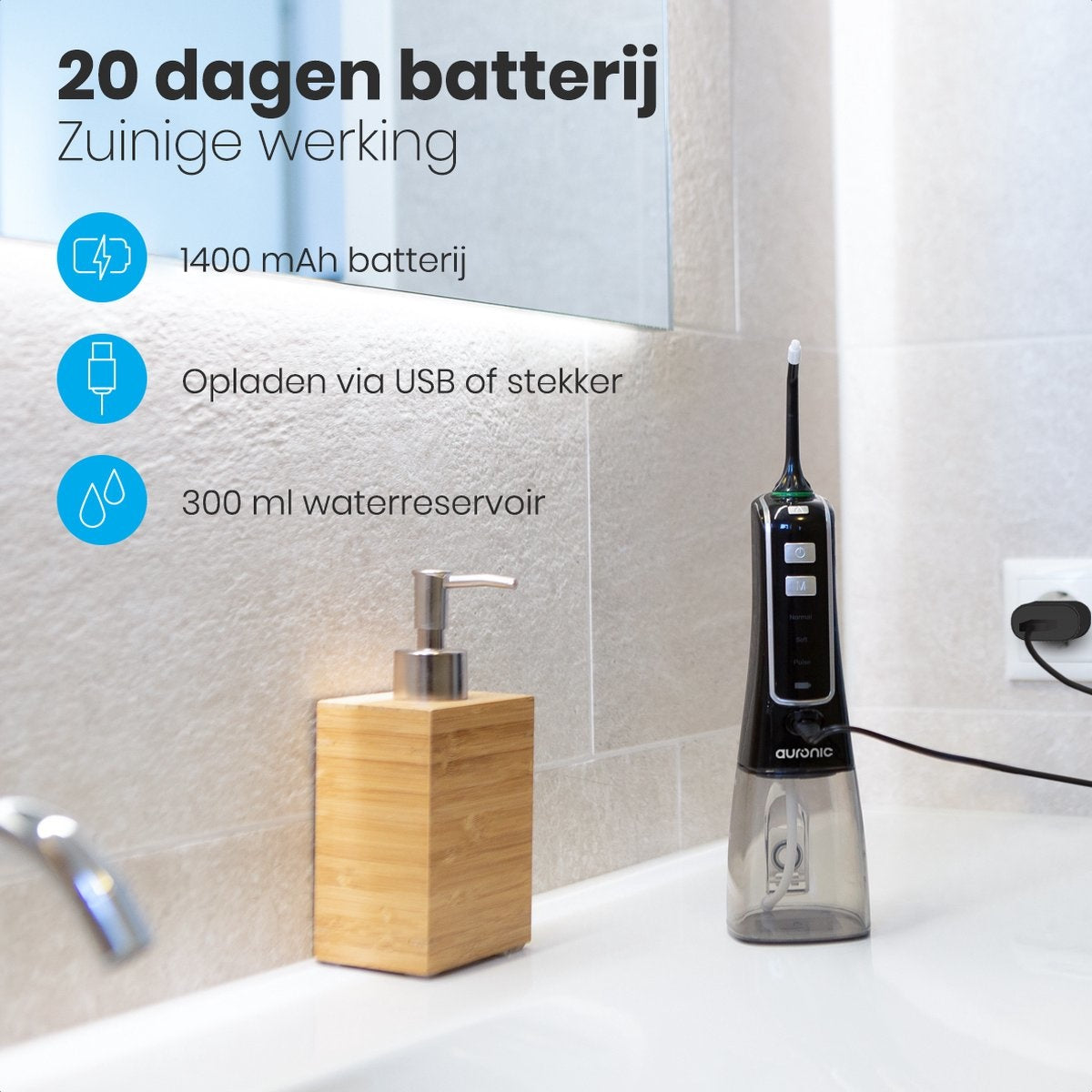 Auronic Waterflosser - Elektrisch - Monddouche - 3 Standen - 4 Opzetstukjes - 300 ml - Zwart