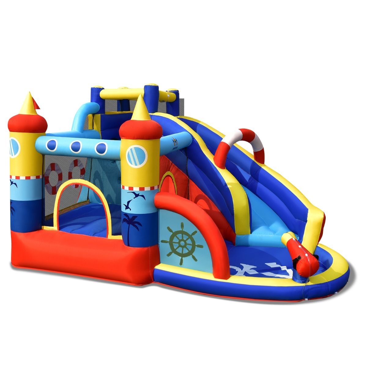 Coast Opblaasbaar Speelkasteel Piratenschip - 5-in-1 Waterpark met Glijbaan en Klimwand - Inclusief Waterpistool en Ventilator - 360 x 290 x 200 cm