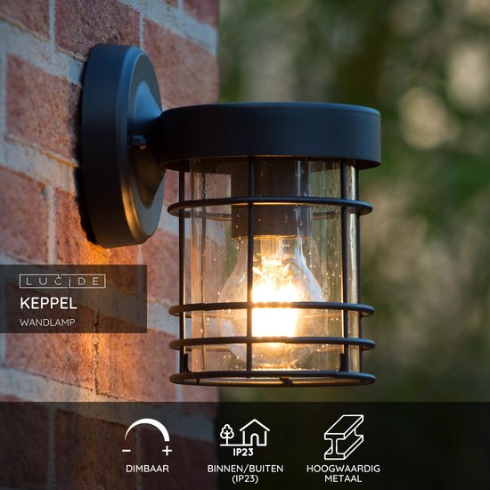 Lucide KEPPEL - Wandlamp Binnen/Buiten - 1xE27 - IP23 - Zwart