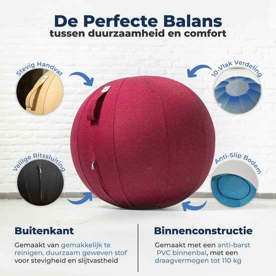 Backerz Zitbal 65 CM - Zitballen met Hoes Linnen - Ergonomische Bureaustoel Kantoor en Thuis - Luxe Yoga Bal - Rood
