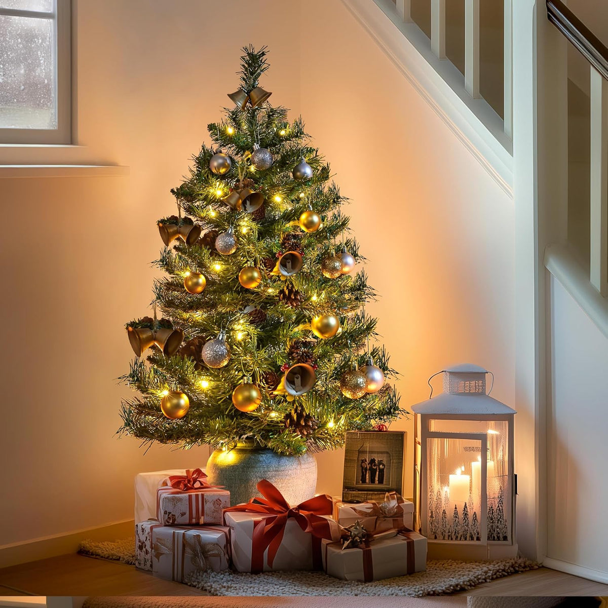 Yaheetech Kunstkerstboom - Set van 2 - 91,5 cm - 50 Warmwitte LED's - Dennenappels - Groen