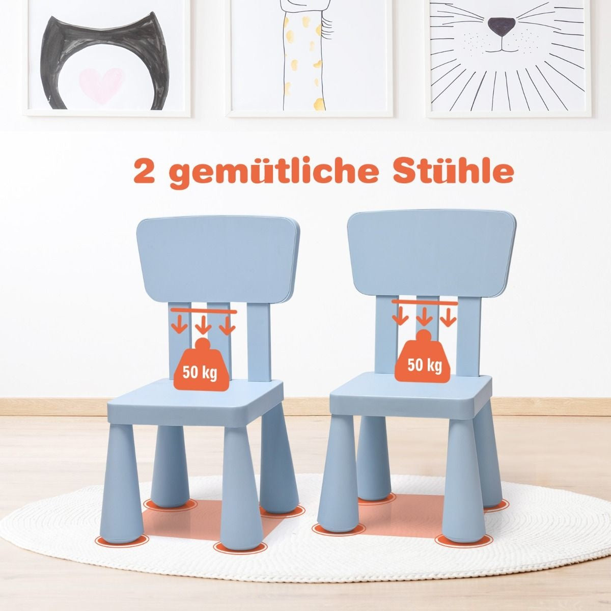Coast - Kinderzitgroep 3 Stuks (Tafel en 2 Stoelen) - Multifunctioneel, Ergonomisch, Ronde Randen, 50 kg Belastbaar - Tafel 76,5 x 54,5 x 49,5 cm - PP - Blauw