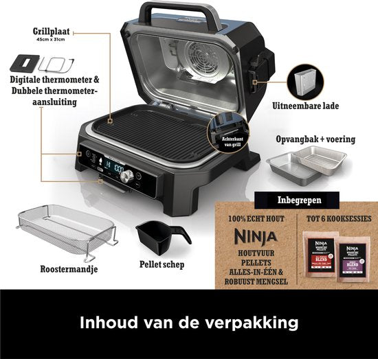 Ninja Woodfire Pro Connect XL - 7-in-1 Elektrische Smart BBQ Grill en Smoker - Inclusief Digitale Braadthermometer - Connect App - OG901EU