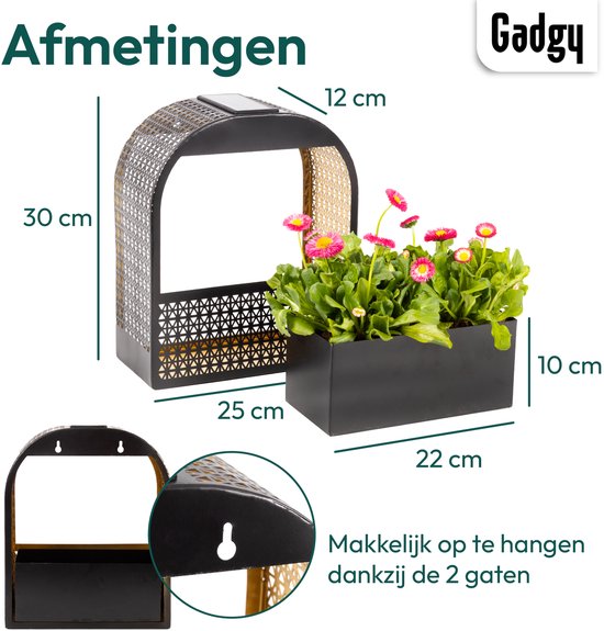 Gadgy Solar Wandlamp met Uitneembare Bloembak – Tuinverlichting op Zonneenergie – Warm Wit LED – 30x25 cm – Zwart Metaal