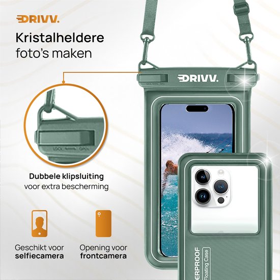 Drivv. Luxe Waterdicht Telefoonhoesje – Drijvend - Dubbele Klipsluiting - Telefoons tot 6.8 inch – Onderwater Hoesje Telefoon - Legergroen