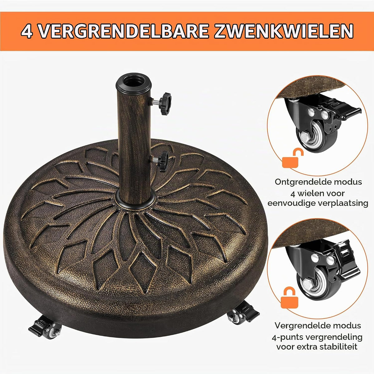 Yaheetech Parasolvoet met Wielen 50,5 x 42 cm - Bronze - Geschikt voor Parasolstokken ø34/38/48 mm