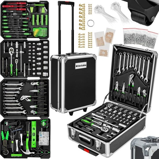 tectake® gereedschapskoffer, gereedschapsset, gereedschapskoffer gevuld 1200-delig, gereedschapstrolley, gereedschapskist met 4 niveaus, aluminium koffer met wielen en telescoophandgreep - zwart