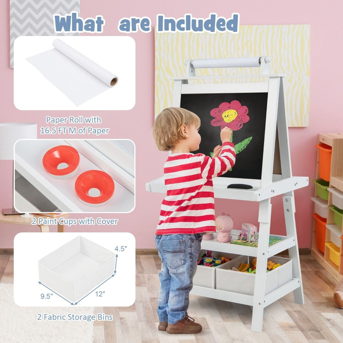 Coast 3 in 1 Kinderschildersezel - Whiteboard & Krijtbord - incl. Magneten 2 Legplanken - Beige - 59 x 50 x 117 cm
