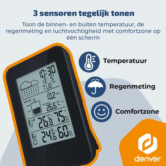 Denver Weerstation - Binnen & Buiten - Hygrometer - Regenmeter - Temperatuur - Weersvoorspelling - Radiogestuurd - Draadloze buitensensor - WSR560