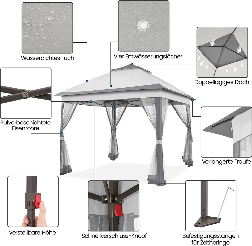 Yaheetech Pop-up Partytent 330 x 330 cm - Lichtgrijs/Donkergrijs - Opvouwbare Tuinpaviljoen met Dubbel Dak en 4 Mesh Zijwanden