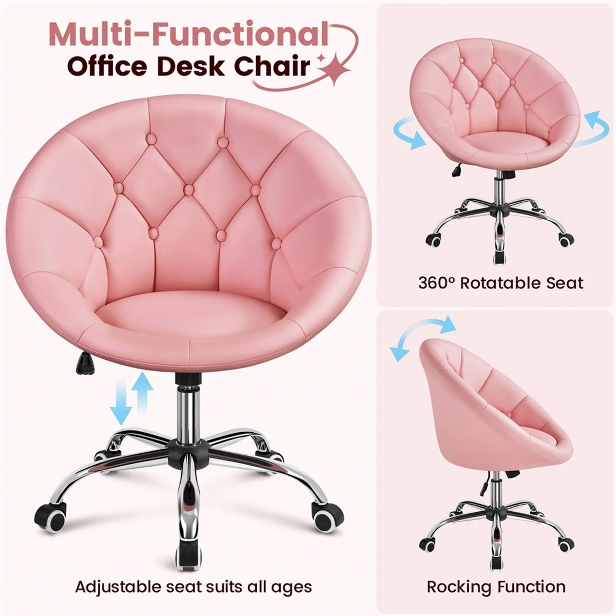Yaheetech Comfortabele Draaistoel in Tonvorm 78-88 cm – Sfeervol Roze – Kunstleder en Metaal