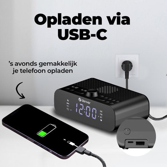 Denver Wekkerradio DAB met Bluetooth - Digitale Wekker - Opladen via USB-C - FM Radio - Dual Alarm - CRD515