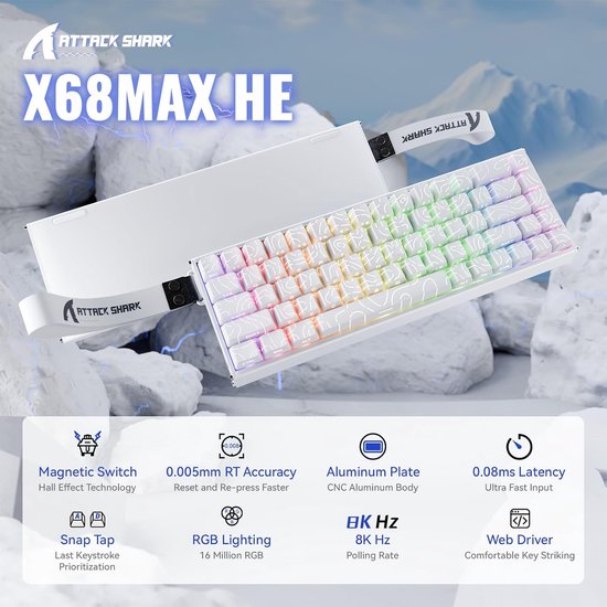 ATTACK SHARK X68MAX HE - Magnetische Schakelaar Bedraad Gaming Toetsenbord - CNC Aluminium - 68 toetsen - RGB - Zijde Gedrukte PBT Toetsen - Decoratieve Keycord - 8Khz - 0.005mmRT - 0.08ms - Witte Omtreklijn