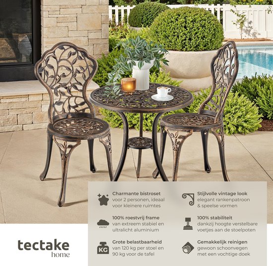 tectake® 2-Persoons Bistroset - Vintage Bistrotafel met 2 Bistrostoeltjes - Aluminium Bistro Set voor Tuin, Terras of Balkon - Weerbestendig - Bronskleurig