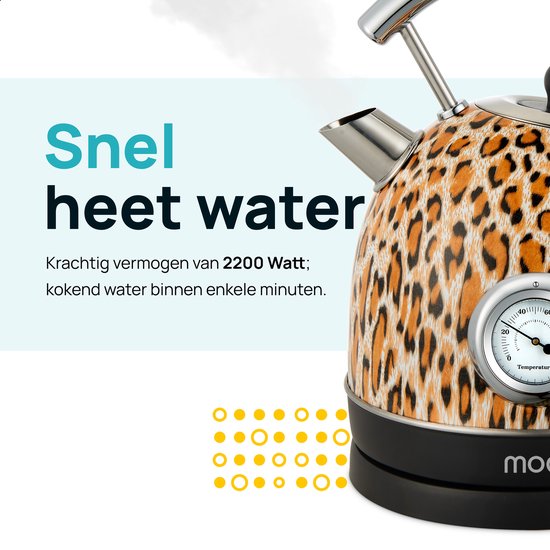 MOA Waterkoker Retro - 1,8 Liter - Elektrische Waterkoker - BPA-vrij - Anti Calcium Filter - RVS - 2200W - Panterprint