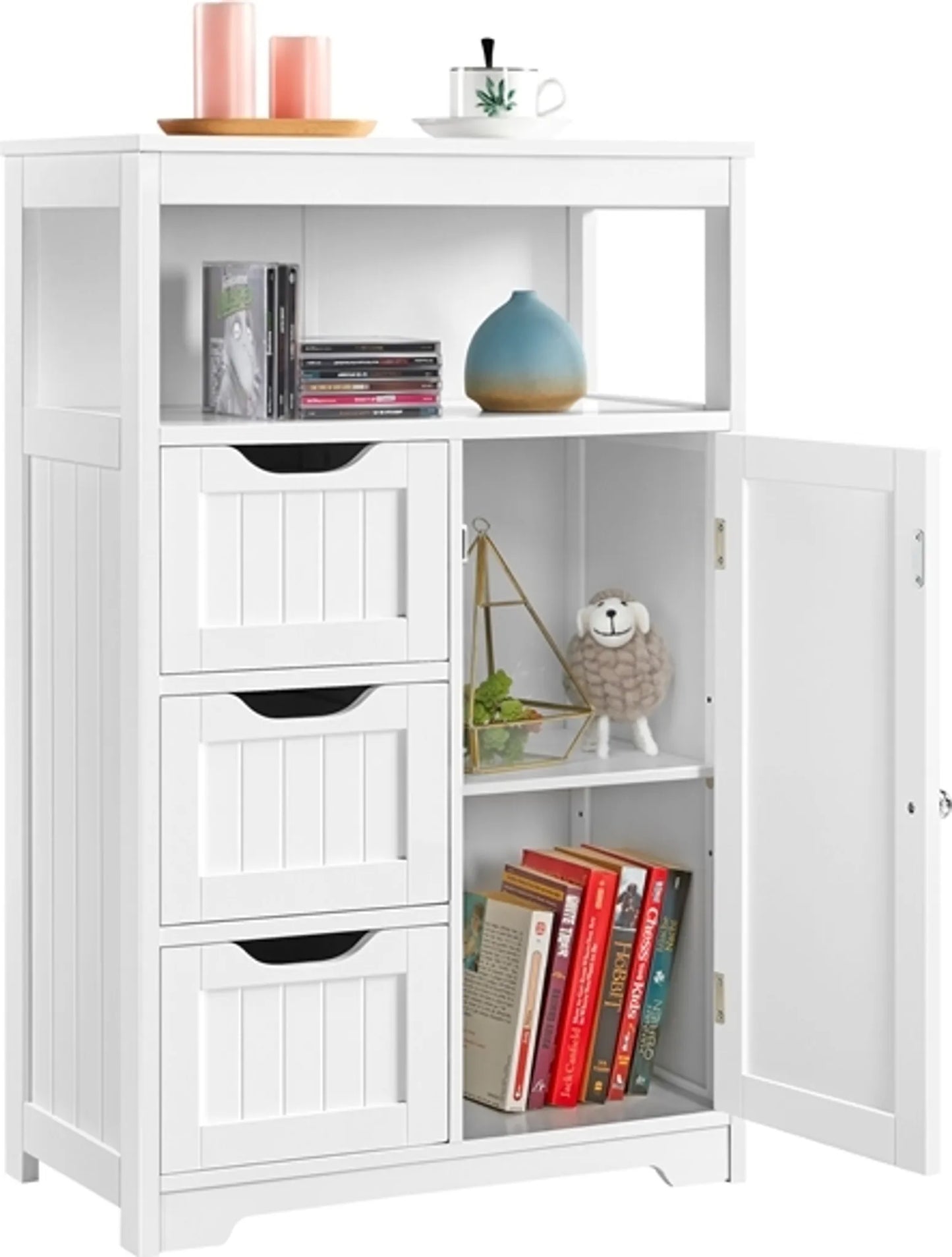 Yaheetech Badkamerkast Wit – Voorzien Van 3 Lades En Kastje Met Verstelbare Plank En Open Opbergvak – Voor Woonkamer En Slaapkamer – Wit Mdf En Metaal – 55,5 x 29,5 x 86,5 cm