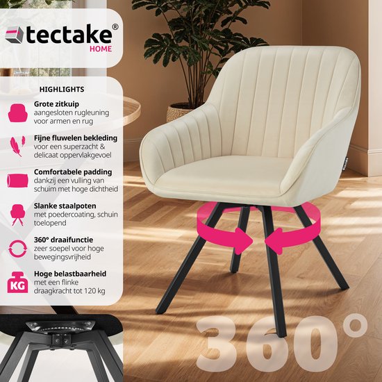 tectake Eetkamerstoel – Draaibaar met Armleuningen & Fluwelen Bekleding – 58 x 58 x 82 cm – Crème