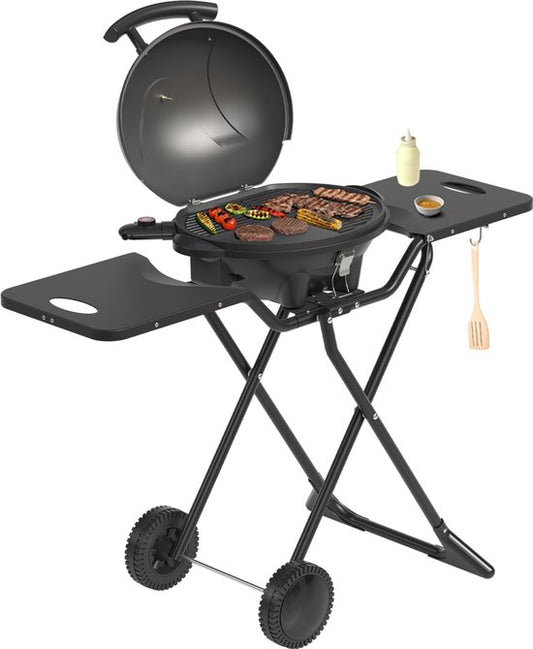KitchenBrothers Elektrische BBQ - Opvouwbaar - Wielen - Zijtafels - 2400W - 250°C - 49 cm - Donkergrijs