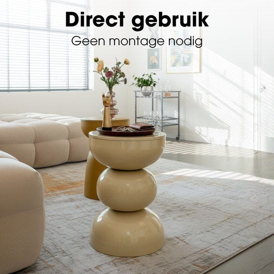 Mica Decorations Luna Bijzettafel - Bijzettafel Rond H46 x Ø32 cm - IJzeren Tafeltje voor Slaapkamer of Woonkamer - Nachtkastje of Plantentafeltje - Beige