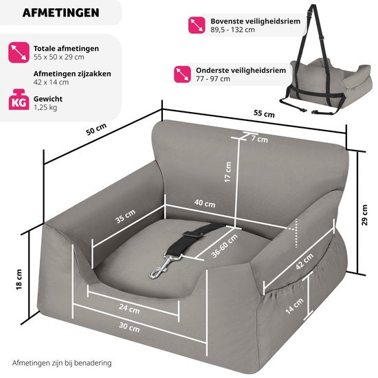 tectake® Hondenautostoel – Gestoffeerd met Veiligheidslijn & Zijvakken – 55 x 50 x 29 cm – Grijs
