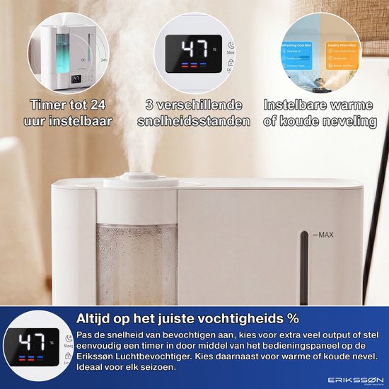 Erikssøn Luchtbevochtiger Elite - 8 Liter - Geschikt voor Woonkamer, Kantoor, Slaapkamer, Babykamer - Humidifier - Met Aromatherapie - Wit