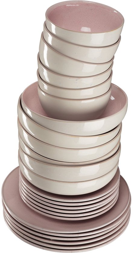 tectake® Serviesset Mare - 24-delig - Aardewerk met Glanzend Glazuur - 6 Persoons - Handgemaakt Servies - Moderne Bordenset met Grote en Kleine Borden, Kommen, Schaaltjes - Vaatwasser- en Magnetronbestendig - Roze