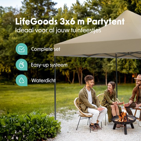 LifeGoods Partytent - Paviljoen - EasyUp - Opvouwbaar - Waterdicht - Met Draagtas met wielen - 300 x 600 cm - Beige