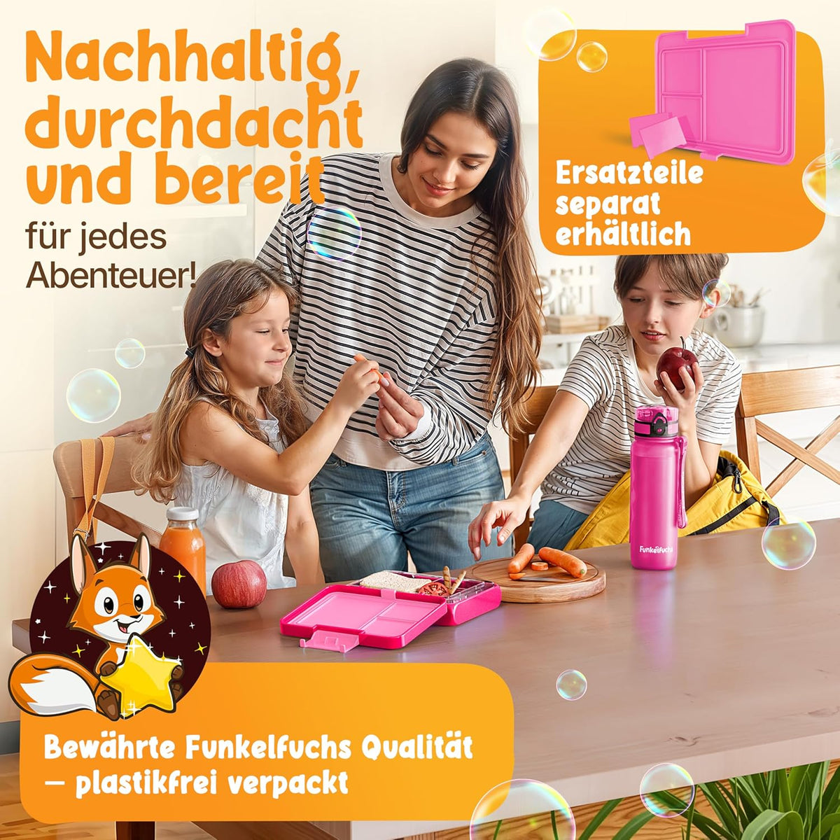 Funkelfuchs® Kinder Lunchbox met vakverdeling – 500 ml - Roze – Lekvrije Bento Snackbox & Broodtrommel – Ideaal voor school, crèche & onderweg