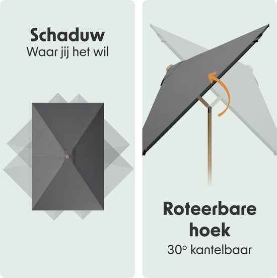 LifeGoods Parasol - Tuin - 270x180cm - 30° Kantelbaar - Waterdicht - UPF50+ - Houtkleurige coating - Donkergrijs