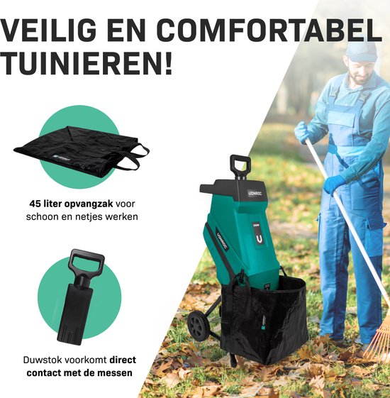 VONROC Hakselaar/Shredder 2500W – Voor takken tot Ø45mm – Incl. 45L opvangzak & duwstok