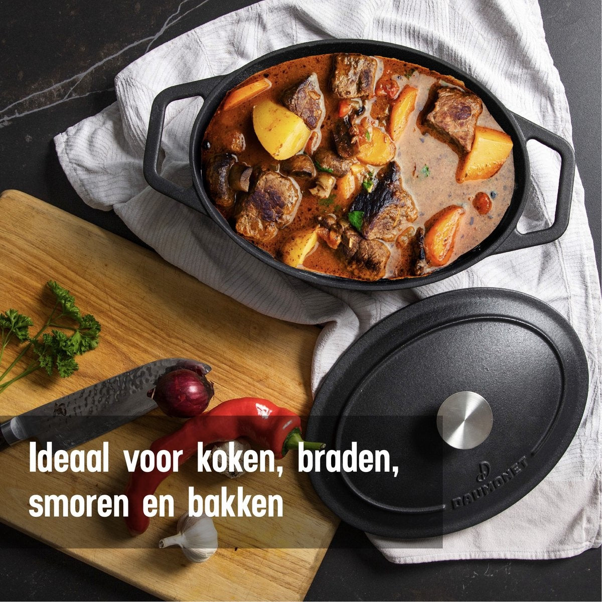 Daumonet Gietijzeren Braadpan 3L Ovaal - Inductie Sudderpan Zwart - Ø29CM - Hittebestendig tot 300°C - Zwart