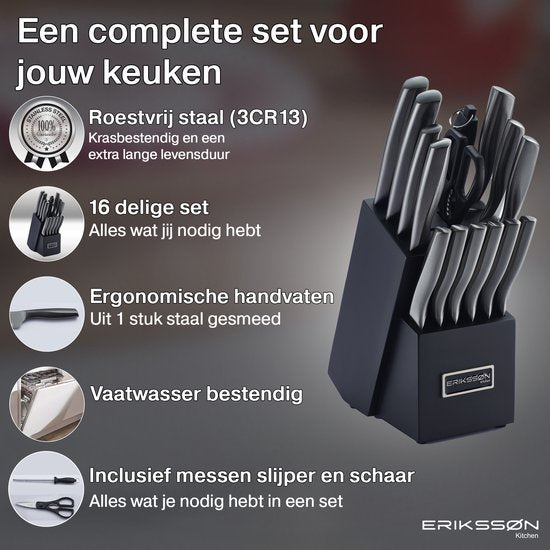 Erikssøn Kitchen Messenset Met Keukenblok - 16 Delig - Krasbestendig - Keukenmessen - Koksmes - Vleesmes - Zwart
