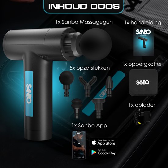 Sanbo Massage Gun Prime - Inclusief Koffer en 5 Opzetstukken - Draadloos - Zwart/Blauw - Professioneel Massage pistool