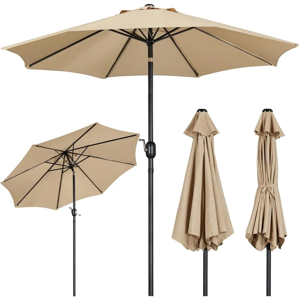 Yaheetech Tuinparasol Ø 270 cm - Lichtbruin - Kantelbare Parasol met Slinger en Ventilatieopening