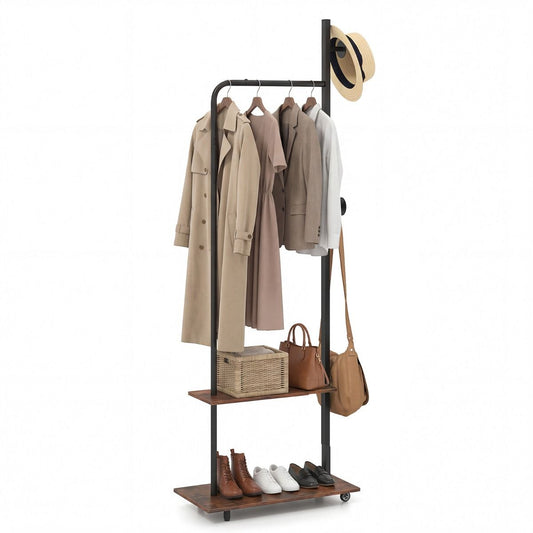Coast Kledingrek met Kledingstang - 2 Haken en 2 Legplanken - Metalen Frame - 60 x 30 x 175 cm - Bruin