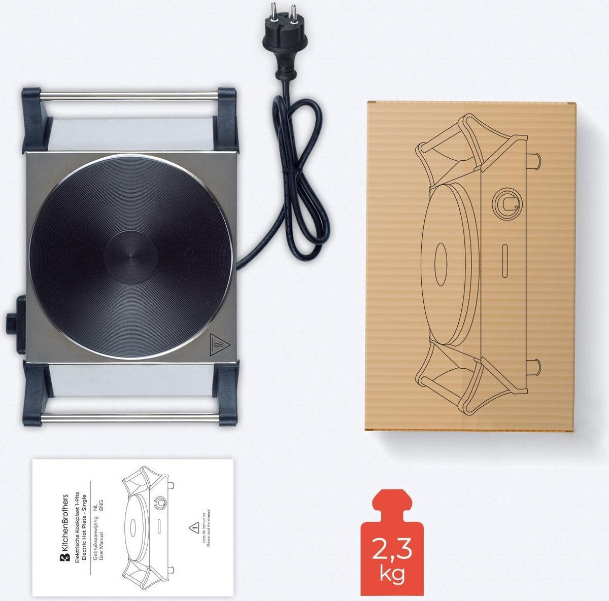 KitchenBrothers Elektrische Kookplaat - 1 Pits - 1500W - RVS
