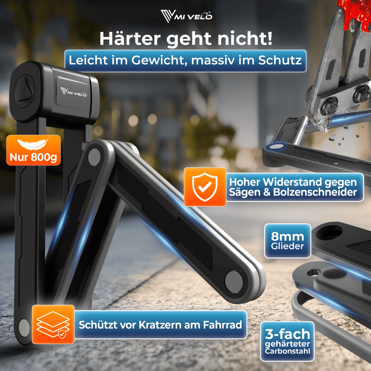 MIVELO Fietsslot Faltschloss met Sleutel – 85 cm – Zwart – Koolstofstaal