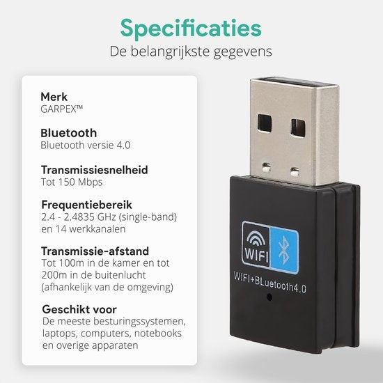 Garpex® Draadloze USB WiFi Bluetooth Adapter - Draadloze Dongle USB2.0 WiFi BT4.0 Adapter
